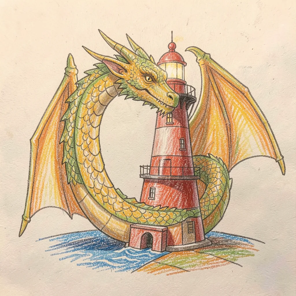 Drawing reference: A dragon curled around a lighthouse — Medium Fantasy sketch