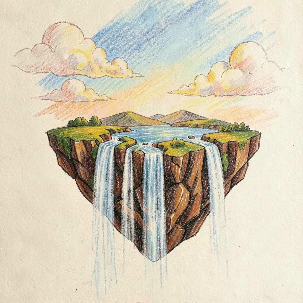 Drawing reference: A floating island with waterfalls pouring into the sky — Hard Fantasy sketch