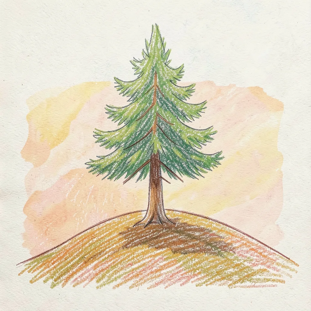 Drawing reference: A single pine tree on a small hill — Easy Nature sketch
