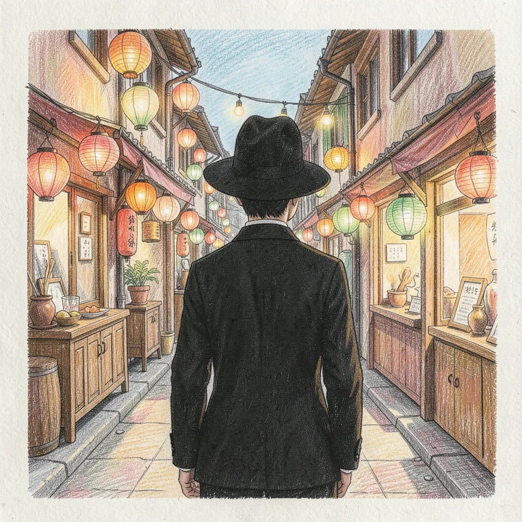 Drawing reference: A spirit market alley glowing with paper lanterns — Hard Anime sketch