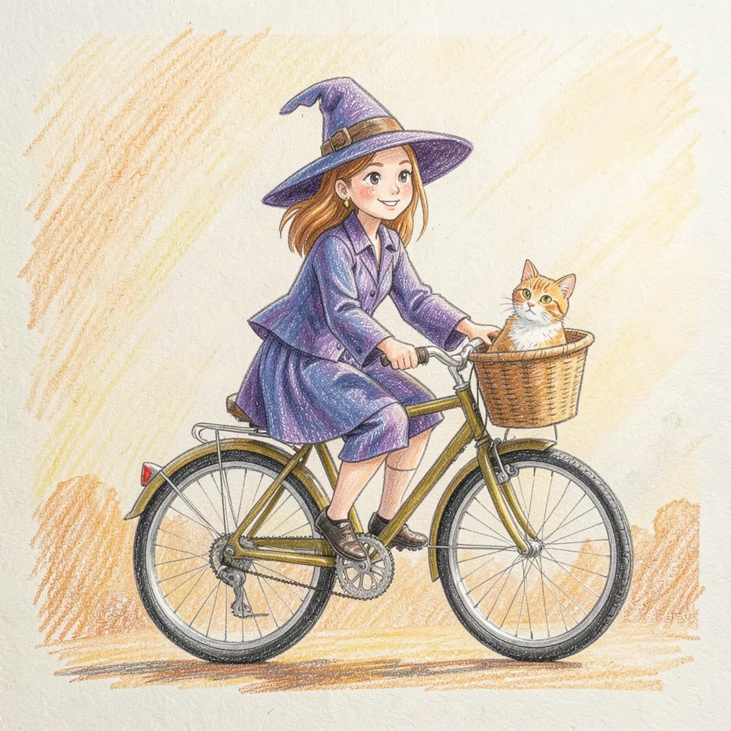 Drawing reference: A witch riding a bicycle with her cat in the basket — Medium Characters sketch